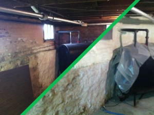 dirty insulation in a basement and the same basement with new insulation