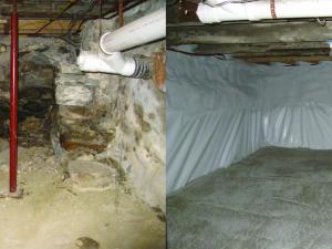 Before and after image of basement encapsulation by Evergreen Home Performance of Rockland, Maine