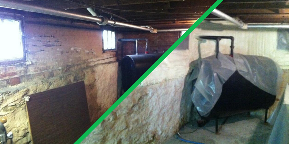dirty insulation in a basement and the same basement with new insulation