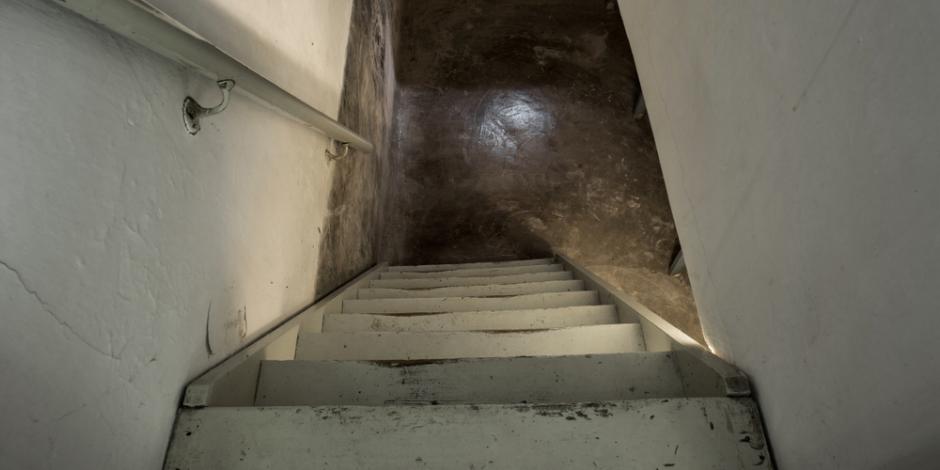 view down the stairs into an older unfinished basement