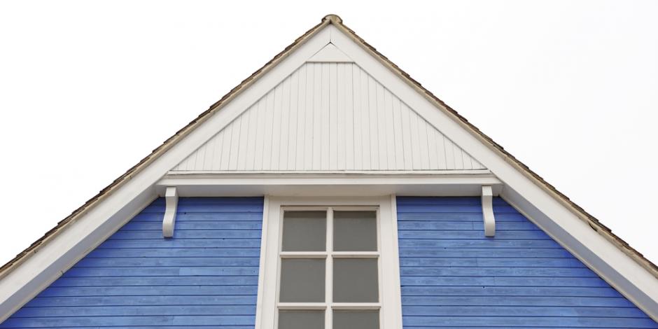 peak of house, blue with center window