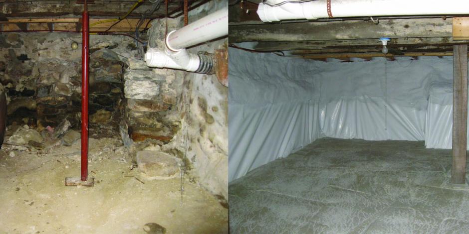 Before and after image of basement encapsulation by Evergreen Home Performance of Rockland, Maine