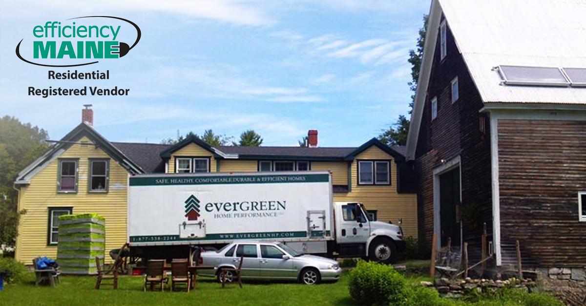 Evergreen truck with Efficiency Maine logo