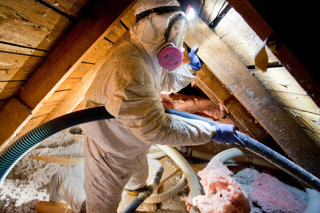 Evergreen Home Performance Worker Applying Blown Insulation In Attic