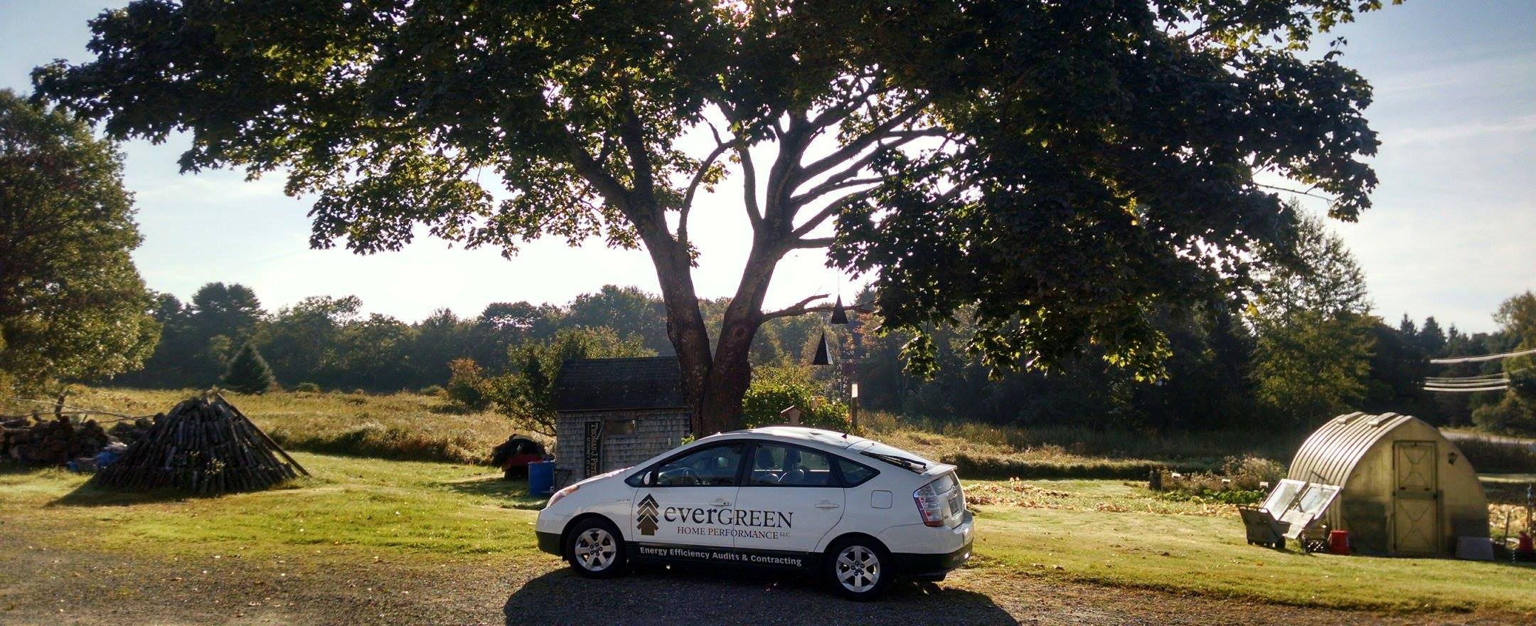 Evergreen car parked in a green space outside of a house