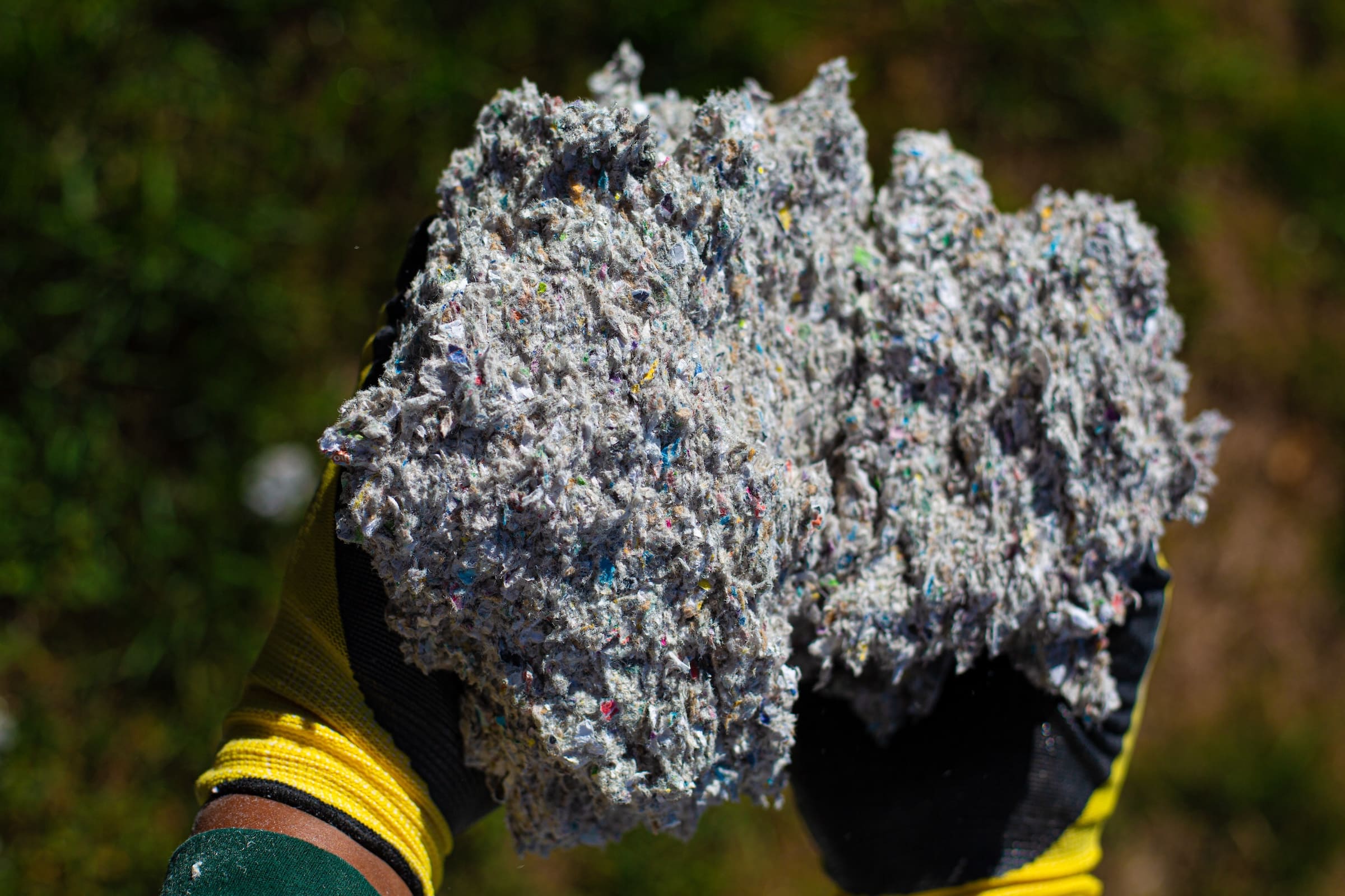 Cellulose insulation in gloved hands